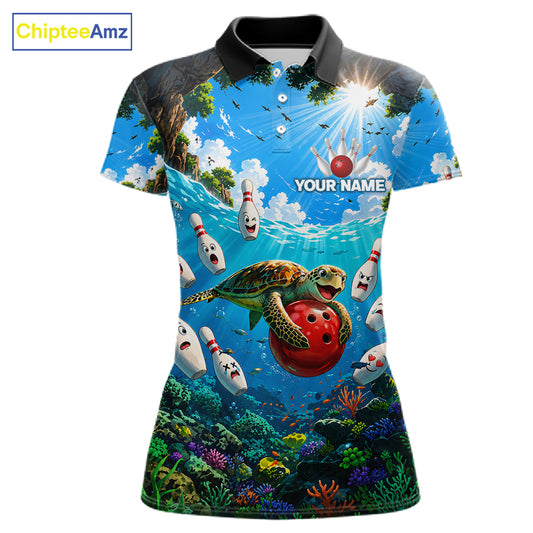 Funny ocean turtle bowling polo shirt for women custom bowling team jersey mockup