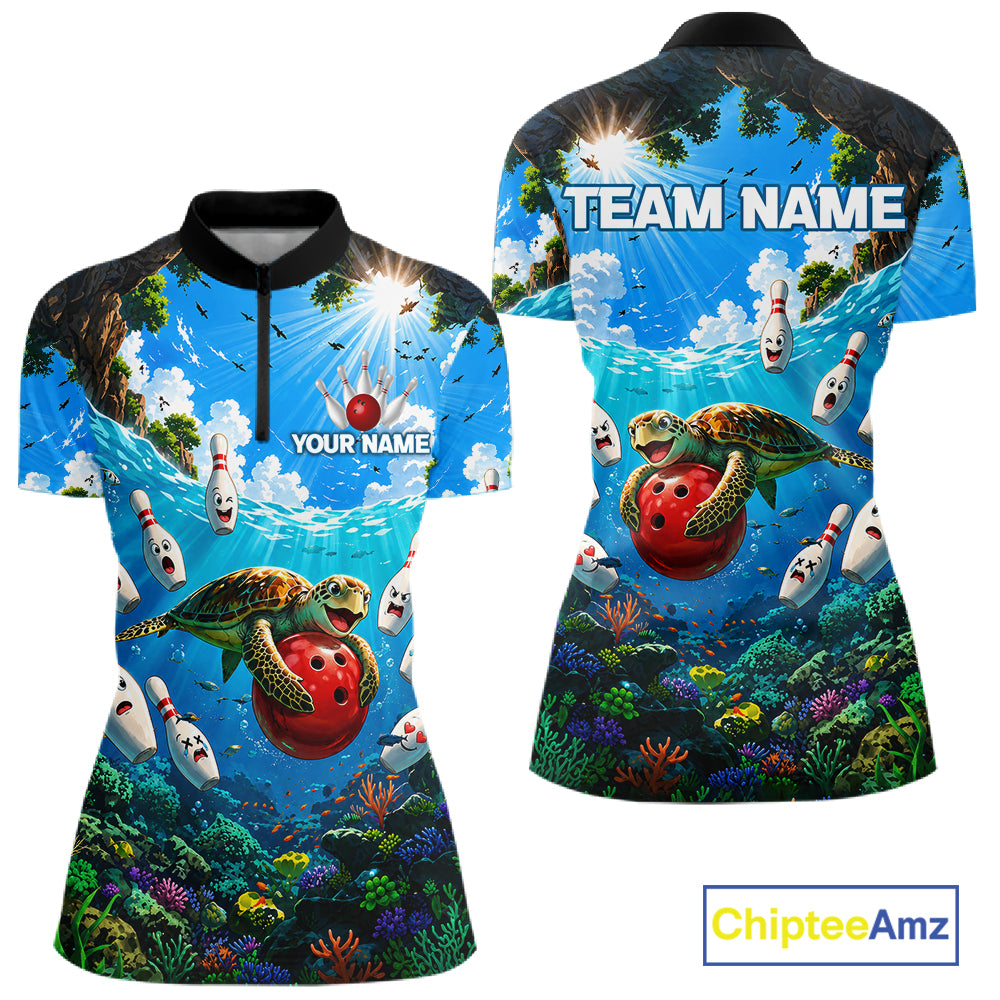 Funny ocean turtle quarter zip bowling shirt for women custom bowling jersey mockup