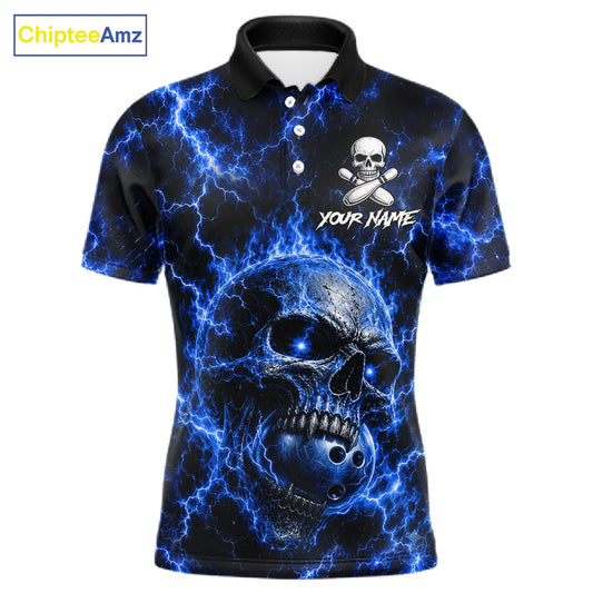 Men's blue skull thunder lightning bowling polo shirt custom bowling jersey mockup