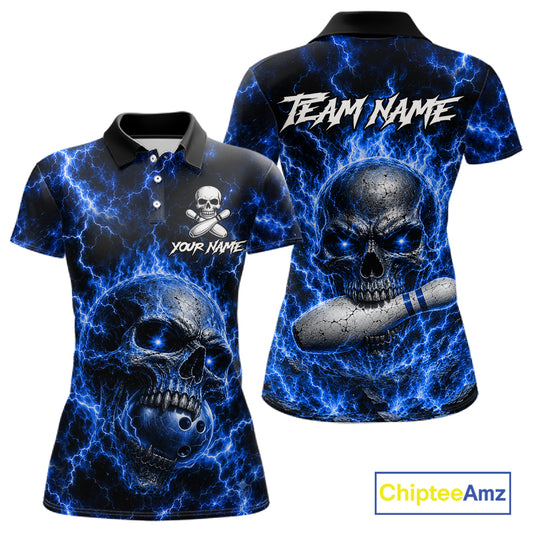 Women's blue skull thunder lightning bowling polo shirt custom bowling jersey mockup