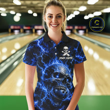 Load image into Gallery viewer, Woman wearing blue skull thunder lightning bowling shirt custom bowling apparel