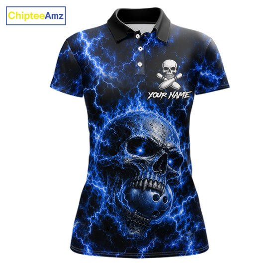 Women's blue skull thunder lightning bowling polo shirt custom bowling jersey mockup