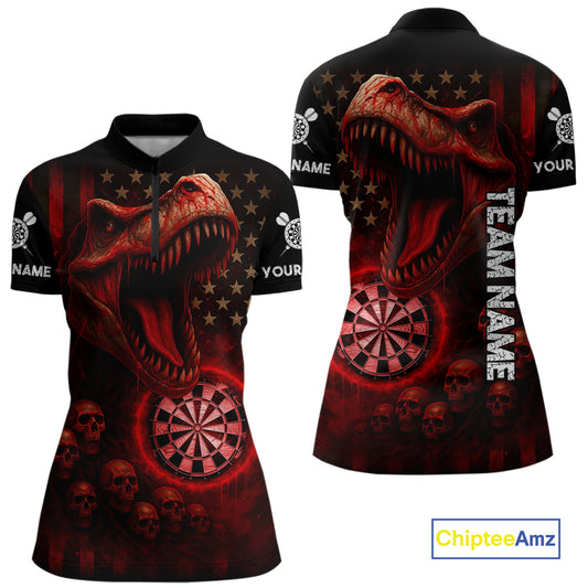 Custom Skull Red Dinosaur Flame Dartboard 1/4-Zip Dart Shirt For Women, Dart Team Jerseys NYN1356