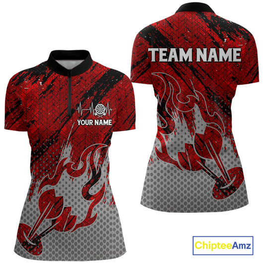 Custom Grunge Red And Grey Halftone Women Darts Quarter-Zip Team Shirt Dart League Jerseys NYN2178