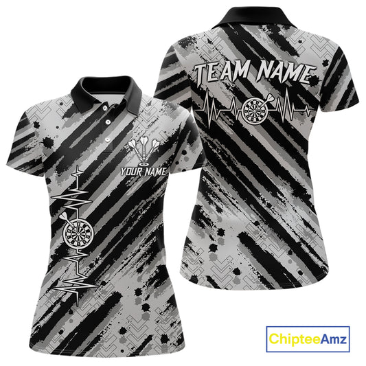 Custom Black Grey Grunge Streaks Skull Women Darts Polo Team Shirt Skull Dart League Jerseys NYN2180