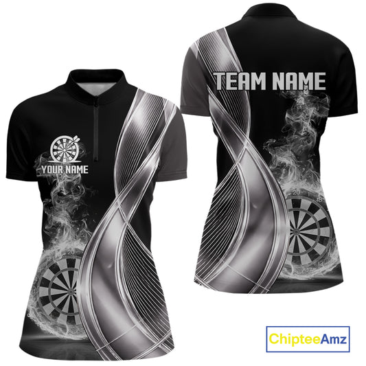 Black And Silver Darts 1/4-Zip Shirts For Women Custom White Smoke Dartboard Dart Team Jerseys NYN2446