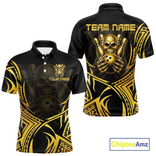 Mens Skull Bowling Shirts Gold Tribal Pattern Custom Skull Bowling Polo Quarter-Zip Team Jersey NYN3755