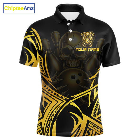 Mens Skull Bowling Shirts Gold Tribal Pattern Custom Skull Bowling Polo Quarter-Zip Team Jersey NYN3755