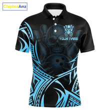 Load image into Gallery viewer, Mens Skull Bowling Shirts Blue Tribal Pattern Custom Skull Bowling Polo Quarter-Zip Team Jersey NYN3756