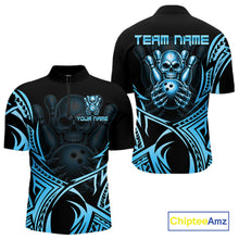 Load image into Gallery viewer, Mens Skull Bowling Shirts Blue Tribal Pattern Custom Skull Bowling Polo Quarter-Zip Team Jersey NYN3756
