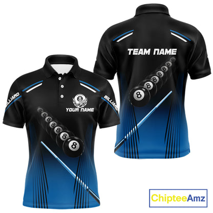 Black & Blue Billiard Ball Cue Pool Men Polo & 1/4-Zip Shirt Custom 8 Ball 3D Billiards Attire NYN2455