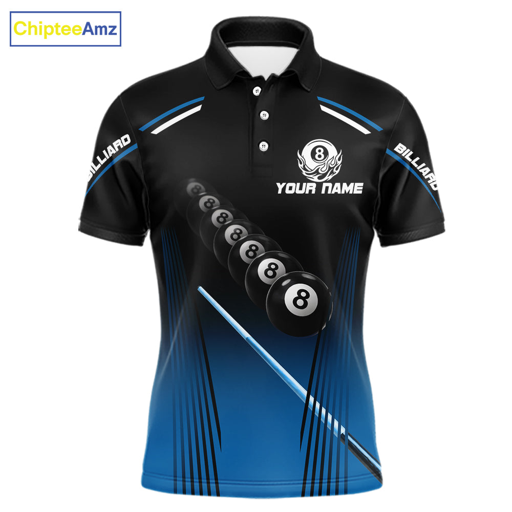 Black & Blue Billiard Ball Cue Pool Men Polo & 1/4-Zip Shirt Custom 8 Ball 3D Billiards Attire NYN2455