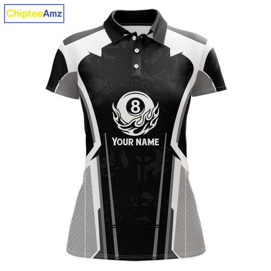 White And Black Billiard Pool Women Polo & 1/4-Zip Team Shirts Custom 8 Ball Billiards Cue Attire NYN2458