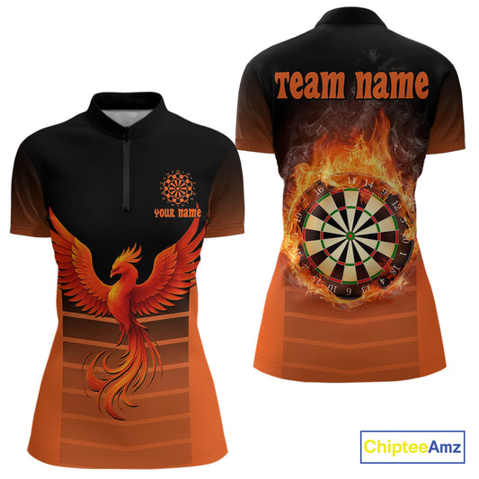 Women's Custom Darts Shirt With Amber Phoenix And Flame Dartboard, Darts Jersey NYN0261