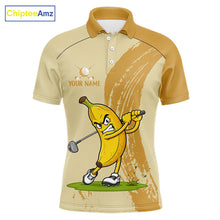 Load image into Gallery viewer, Men's golf polo mockup featuring humorous banana artwork, custom golf shirt for golf teams, leagues and country clubs. Appeals to food lovers, tropical vacation fans and casual golfers.
