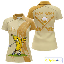 Load image into Gallery viewer, Women's golf polo mockup featuring playful banana graphics, personalized golf apparel for women's golf leagues, golf clubs and vacation golf events.