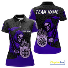 Load image into Gallery viewer, Custom Purple Grim Reaper Flame Dartboard Dart Polo Jerseys For Women Dart Shirt Gifts NYN1645