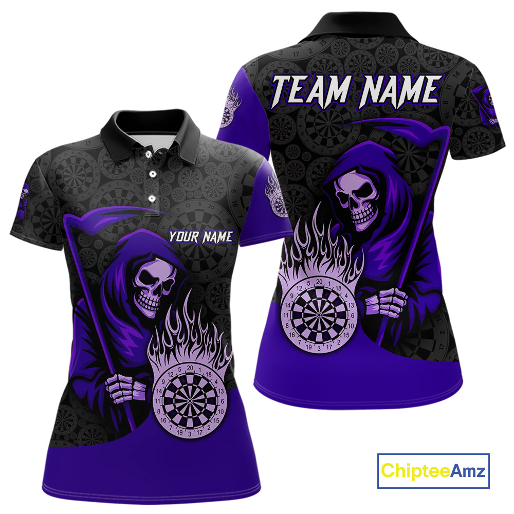 Custom Purple Grim Reaper Flame Dartboard Dart Polo Jerseys For Women Dart Shirt Gifts NYN1645