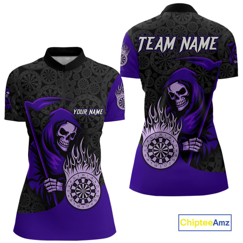 Custom Purple Grim Reaper Flame Dartboard Dart Quarter-Zip Jerseys For Women Dart Shirt Gifts NYN1645