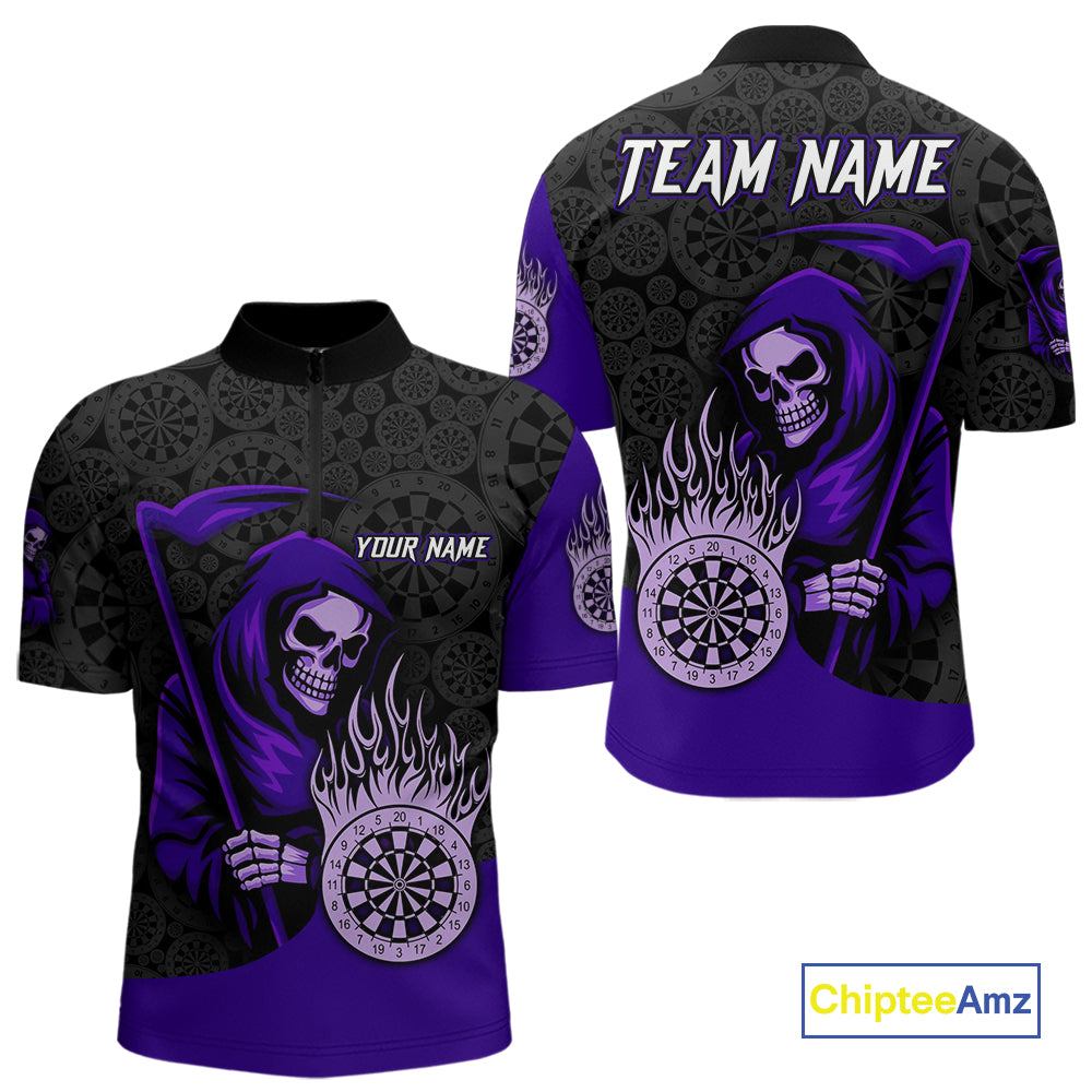 Custom Purple Grim Reaper Flame Dartboard Dart Quarter-Zip Jerseys For Men Dart Shirt Gifts NYN1645