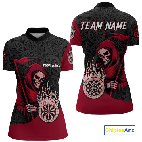 Custom Red Grim Reaper Flame Dartboard Dart Quarter-Zip Jerseys For Women Dart Shirt Gifts NYN1646