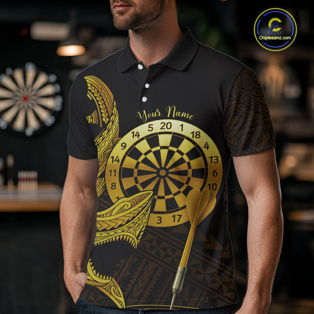 Personalized Gold Tribal Shark Custom Darts Polo Shirts For Men Tribal Dart League Jerseys NYN2183