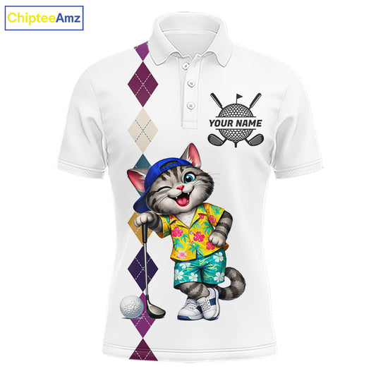 Mens Colorful Argyle Golf Shirts Custom Cat Golfer Clothing Golf Polo Jersey, Best Golf Gifts NYN3052