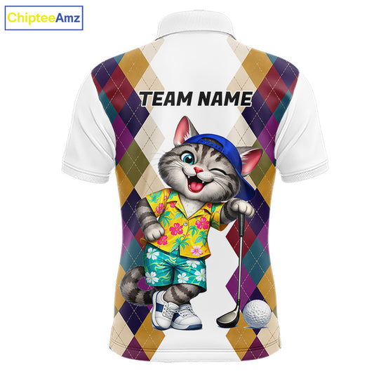 Mens Colorful Argyle Golf Shirts Custom Cat Golfer Clothing Golf Polo Jersey, Best Golf Gifts NYN3052