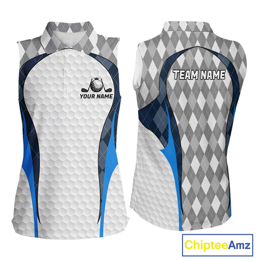 Blue And Grey Argyle Sleeveless Polo Golf Shirts For Women Custom White Ball Golf Attire For Golfers NYN3058