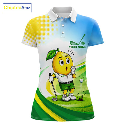 Women's funny lemon golf polo shirt mockup personalized matching couples golf shirt