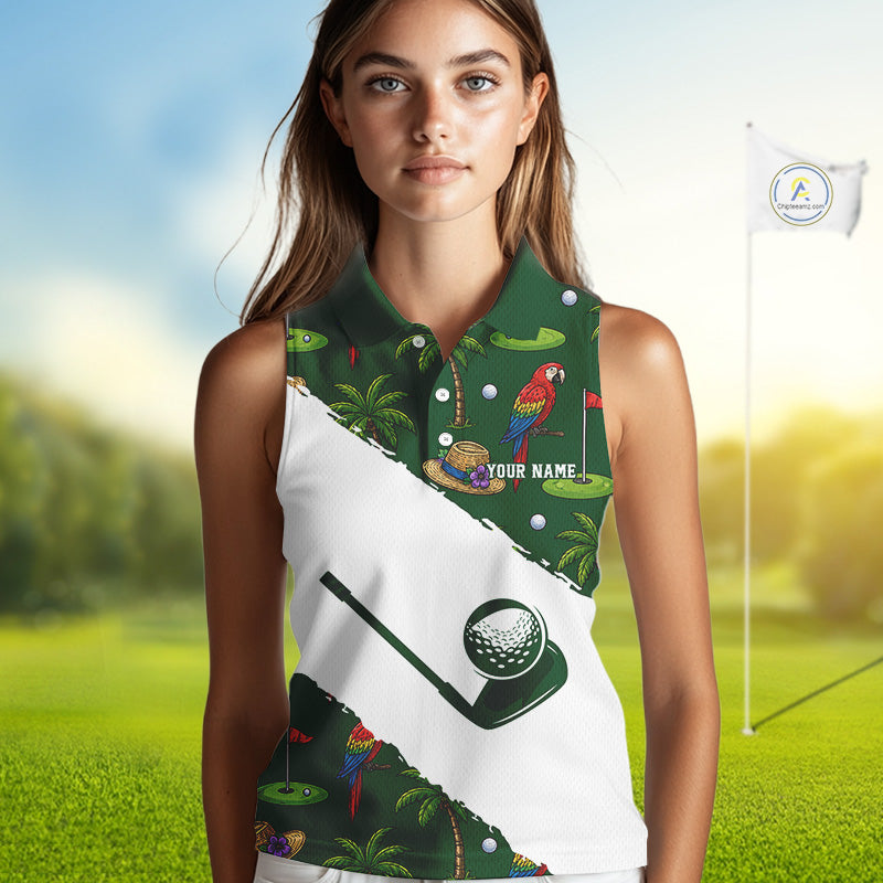 Woman wearing parrot palm tree golf sleeveless polo shirt on sunny golf course