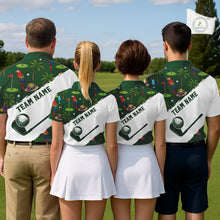 Load image into Gallery viewer, Men's golf team wearing tropical parrot palm tree golf polo shirts