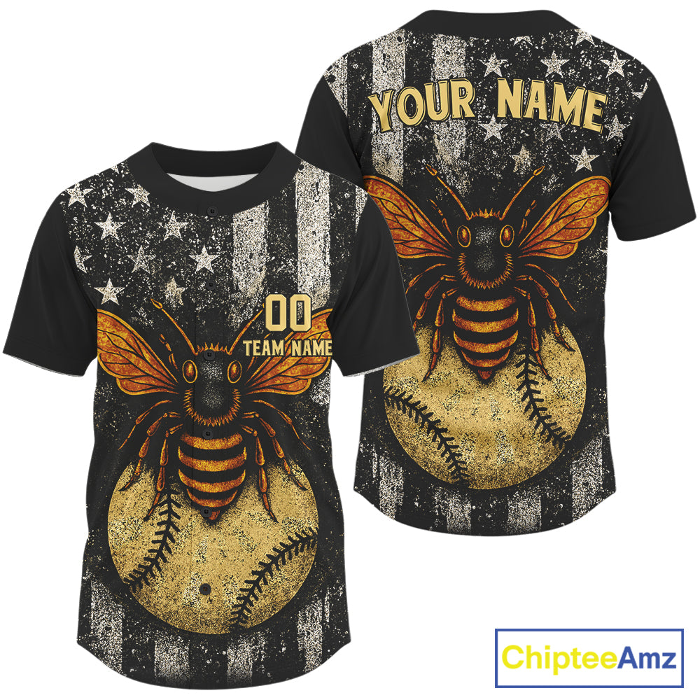Custom Black-White US Flag Bee Grunge Baseball Shirt For Men Patriotic Baseball Jersey NYN1391