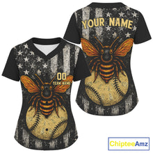 Load image into Gallery viewer, Custom Black-White US Flag Bee Grunge Baseball Shirt For Women Patriotic Baseball Jersey NYN1391