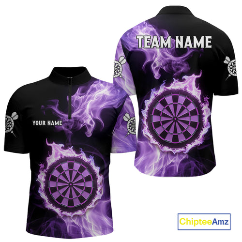 Custom Black And Purple Flames Dartboard Dart Men Quarter-Zip Jerseys Outfits Dart Team Shirt NYN1661