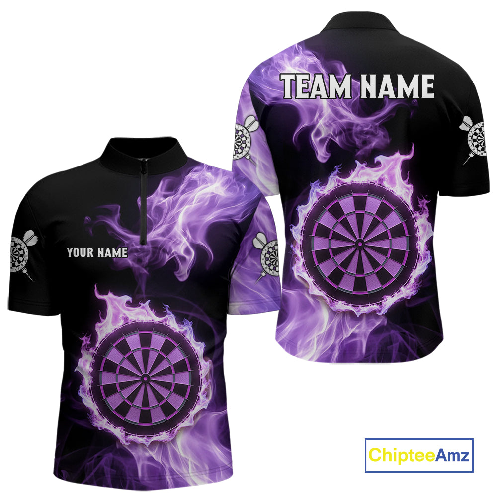 Custom Black And Purple Flames Dartboard Dart Men Quarter-Zip Jerseys Outfits Dart Team Shirt NYN1661