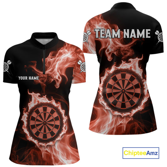 Custom Black And Orange Flames Dartboard Dart Women Quarter-Zip Jerseys Outfits Dart Team Shirt NYN1662