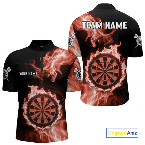 Custom Black And Orange Flames Dartboard Dart Men Quarter-Zip Jerseys Outfits Dart Team Shirt NYN1662