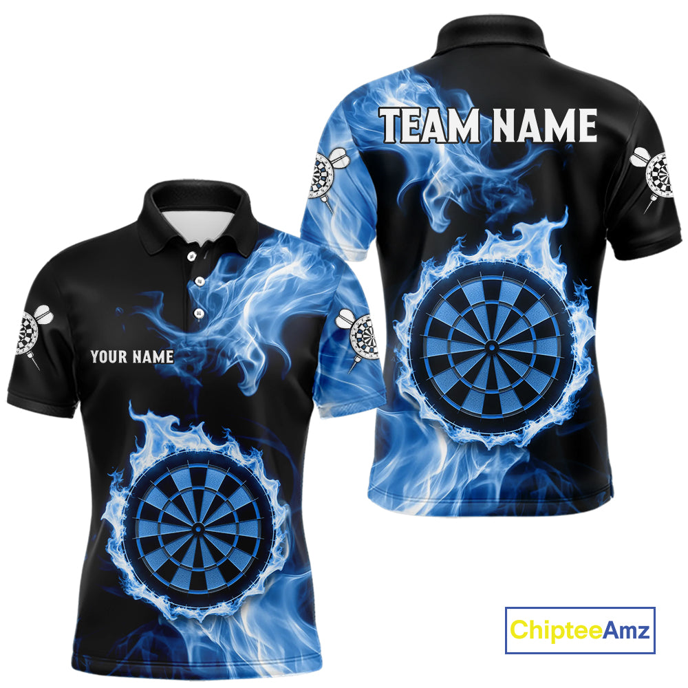 Custom Black And Blue Flames Dartboard Dart Men Polo Jerseys Outfits Dart Team Shirt NYN1663