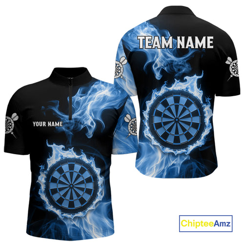 Custom Black And Blue Flames Dartboard Dart Men Quarter-Zip Jerseys Outfits Dart Team Shirt NYN1663
