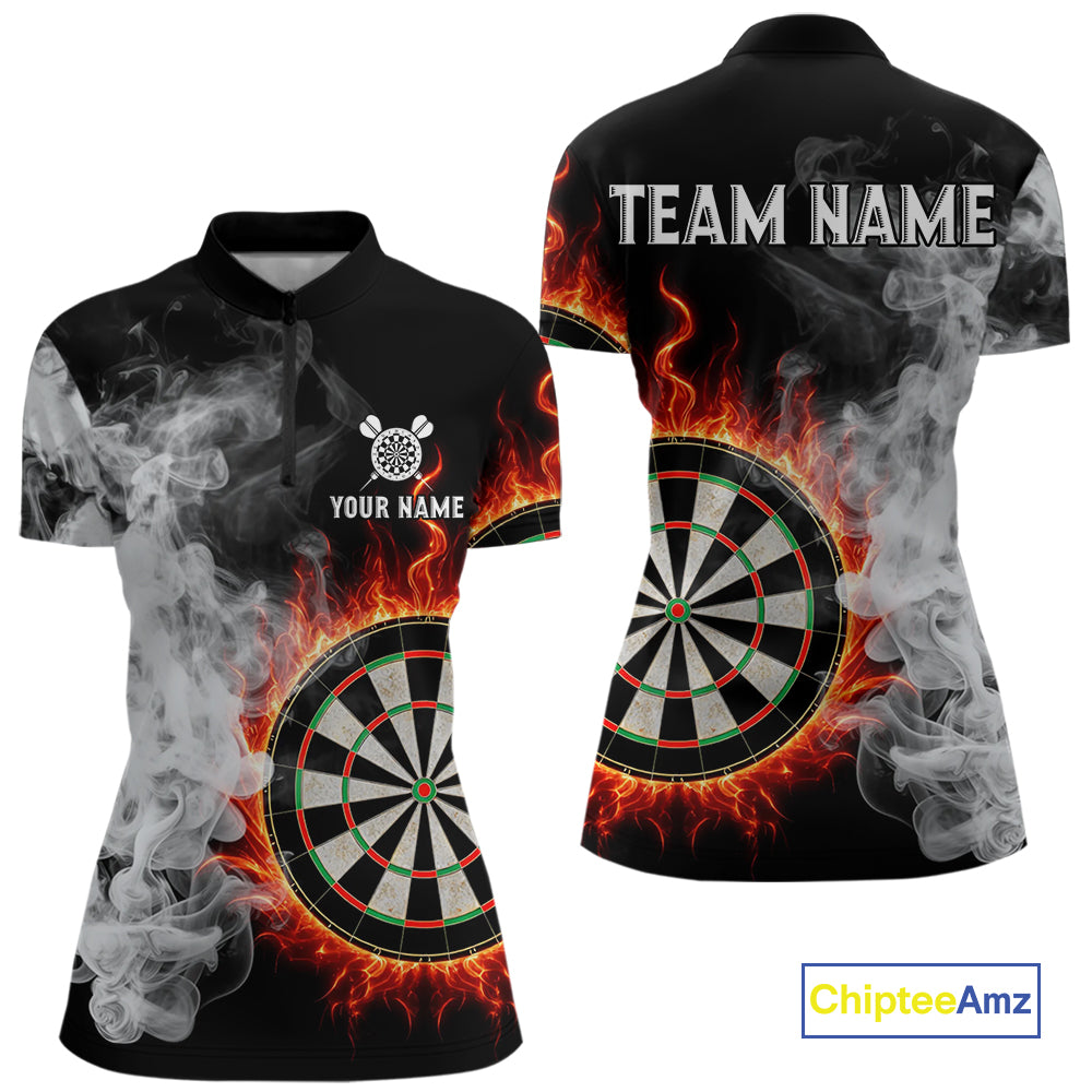 Custom White Smokes Red Flames Dartboard Dart Women Quarter-Zip Jerseys Dart Team Shirt NYN1667