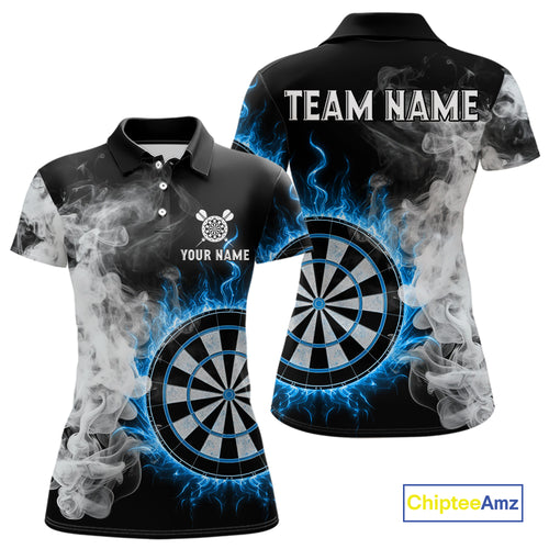 Custom White Smokes Blue Flames Dartboard Dart Women Polo Jerseys Dart Team Shirt NYN1668