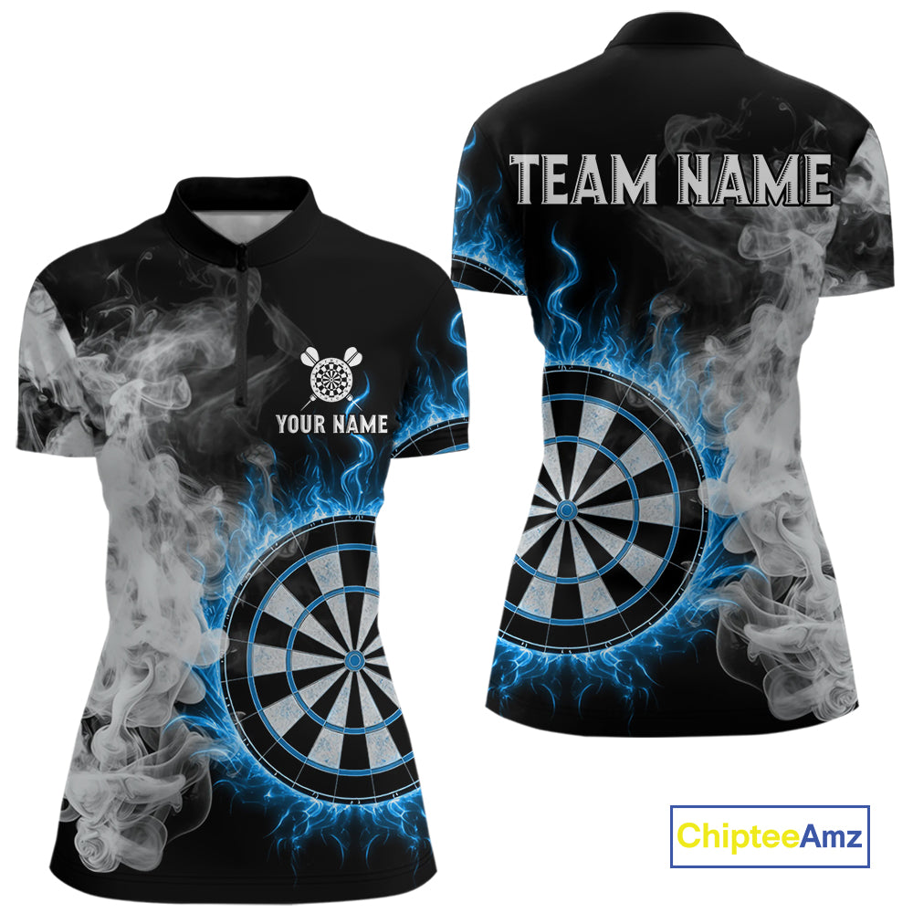 Custom White Smokes Blue Flames Dartboard Dart Women Quarter-Zip Jerseys Dart Team Shirt NYN1668