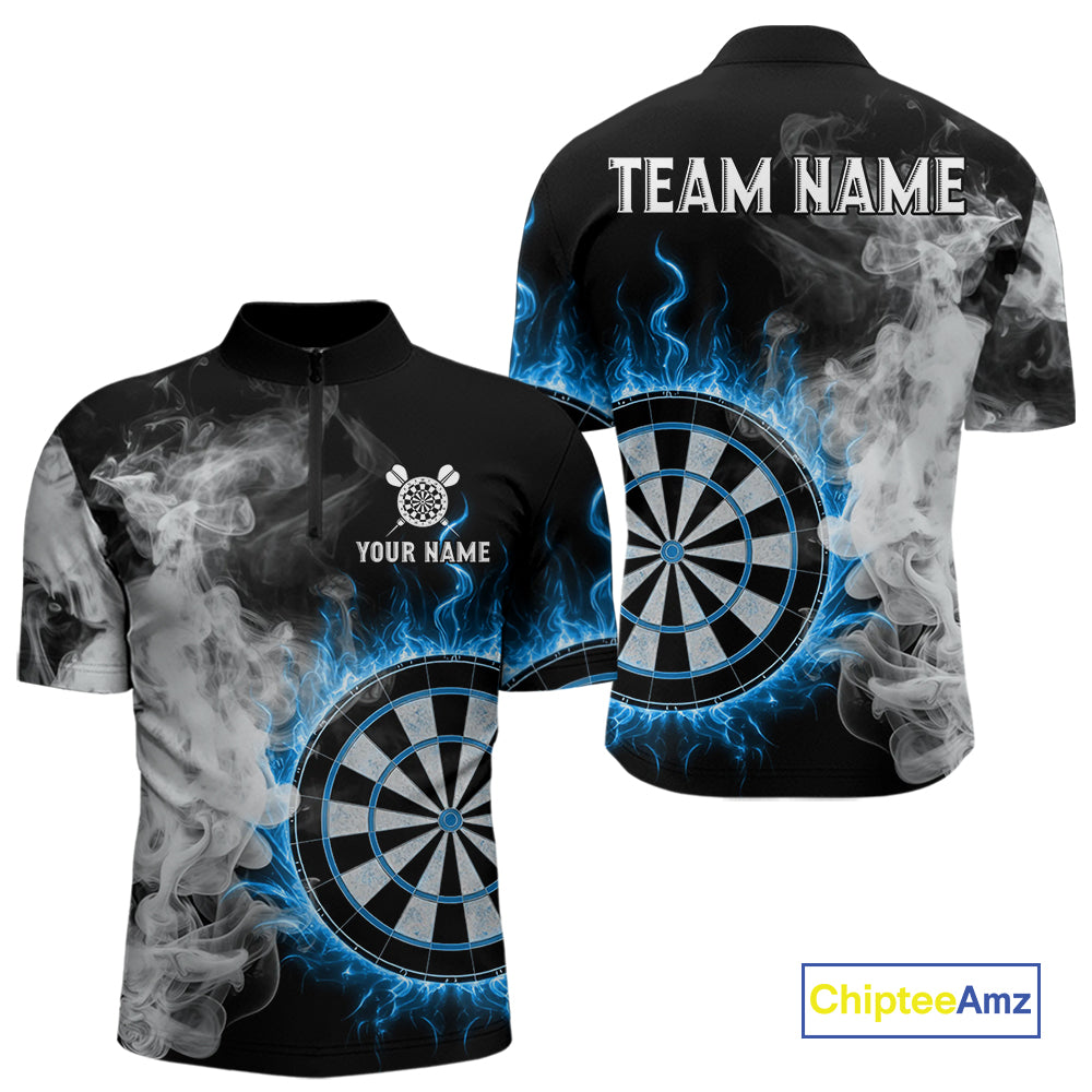 Custom White Smokes Blue Flames Dartboard Dart Men Quarter-Zip Jerseys Dart Team Shirt NYN1668