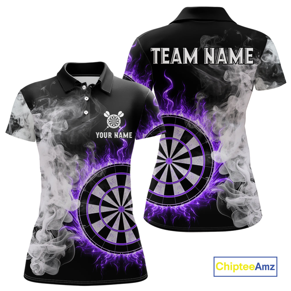 Custom White Smokes Purple Flames Dartboard Dart Women Polo Jerseys Dart Team Shirt NYN1669
