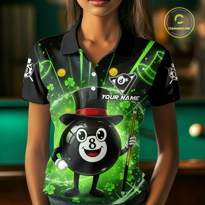 Funny Patrick Day 8 Ball Pool Women's Billiard Polo & 1/4 Zip Shirt Custom Shamrock Billiard Attire NYN2479