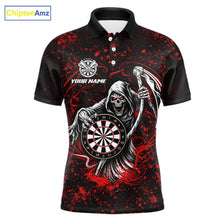 Load image into Gallery viewer, Black &amp; Red Splatter Grim Reaper Hold Dartboard Dart Polo Shirts For Men Custom Dart Team Shirts NYN2681
