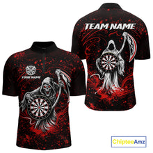 Load image into Gallery viewer, Black &amp; Red Splatter Grim Reaper Hold Dartboard Dart 1/4-Zip Shirt For Men Custom Dart Team Shirts NYN2681