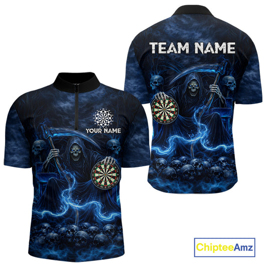 Blue Smoking Grim Reaper Dartboard Dart 1/4-Zip Shirts For Men Custom Multiskull Dart Team Shirts NYN2683