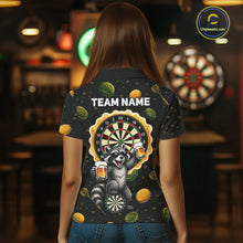 Load image into Gallery viewer, Woman wearing beer and raccoon dart shirt funny dart player apparel